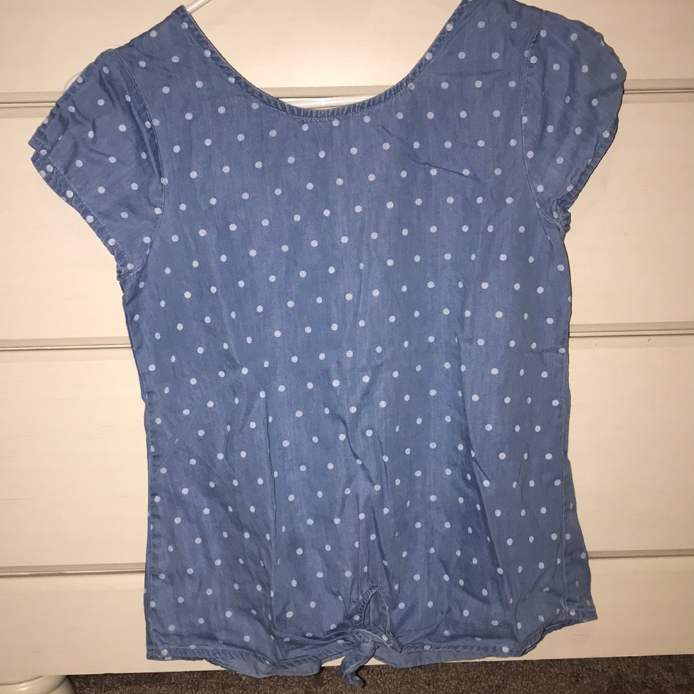 Blue shirt with poka dots